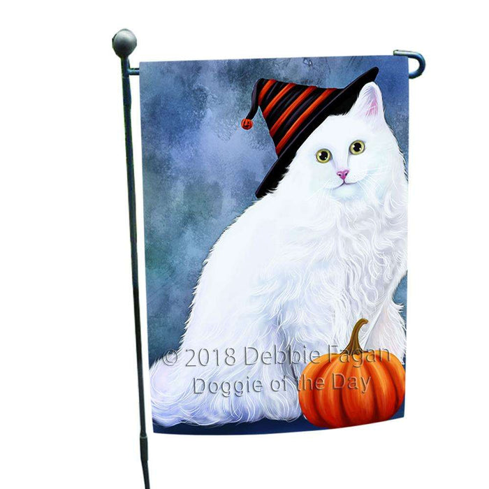 Happy Halloween Turkish Angora Cat Wearing Witch Hat with Pumpkin Garden Flag GFLG54993