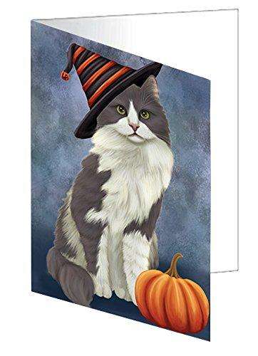 Happy Halloween Turkish Angora Cat Wearing Witch Hat with Pumpkin Handmade Artwork Assorted Pets Greeting Cards and Note Cards with Envelopes for All Occasions and Holiday Seasons D141