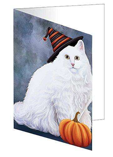 Happy Halloween Turkish Angora Cat Wearing Witch Hat with Pumpkin Handmade Artwork Assorted Pets Greeting Cards and Note Cards with Envelopes for All Occasions and Holiday Seasons D143