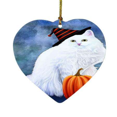 Happy Halloween Turkish Angora Cat Wearing Witch Hat with Pumpkin Heart Christmas Ornament HPOR54931