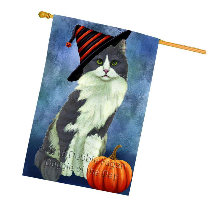 Happy Halloween Turkish Angora Cat Wearing Witch Hat with Pumpkin House Flag FLG55128