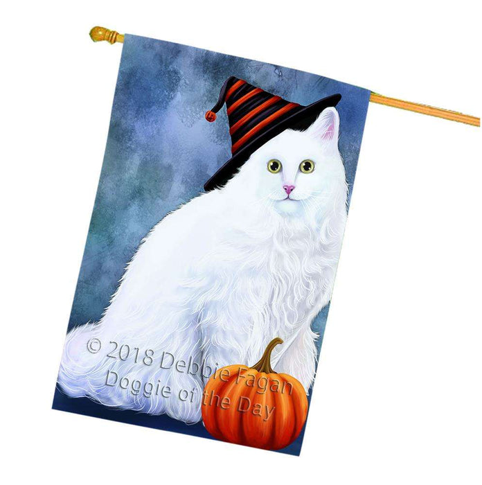 Happy Halloween Turkish Angora Cat Wearing Witch Hat with Pumpkin House Flag FLG55129