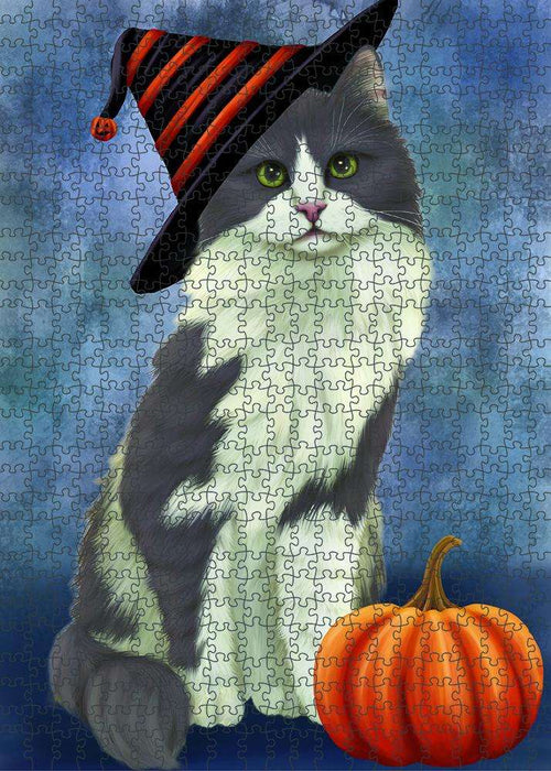 Happy Halloween Turkish Angora Cat Wearing Witch Hat with Pumpkin Puzzle with Photo Tin PUZL86876