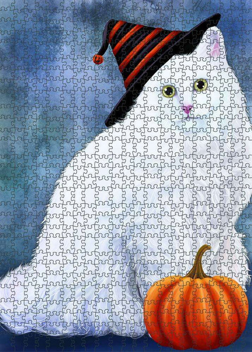 Happy Halloween Turkish Angora Cat Wearing Witch Hat with Pumpkin Puzzle with Photo Tin PUZL86880