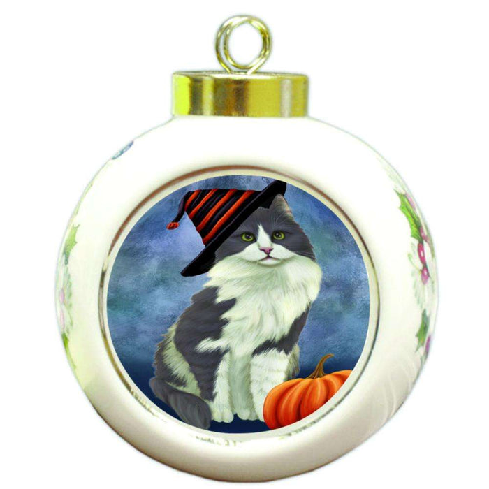 Happy Halloween Turkish Angora Cat Wearing Witch Hat with Pumpkin Round Ball Christmas Ornament RBPOR54930