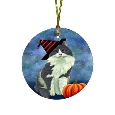 Happy Halloween Turkish Angora Cat Wearing Witch Hat with Pumpkin Round Flat Christmas Ornament RFPOR54921