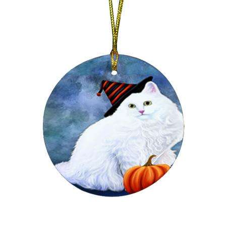 Happy Halloween Turkish Angora Cat Wearing Witch Hat with Pumpkin Round Flat Christmas Ornament RFPOR54922