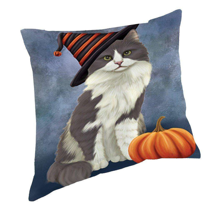 Happy Halloween Turkish Angora Cat Wearing Witch Hat with Pumpkin Throw Pillow D213