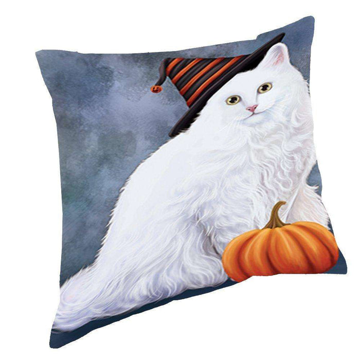 Happy Halloween Turkish Angora Cat Wearing Witch Hat with Pumpkin Throw Pillow D215