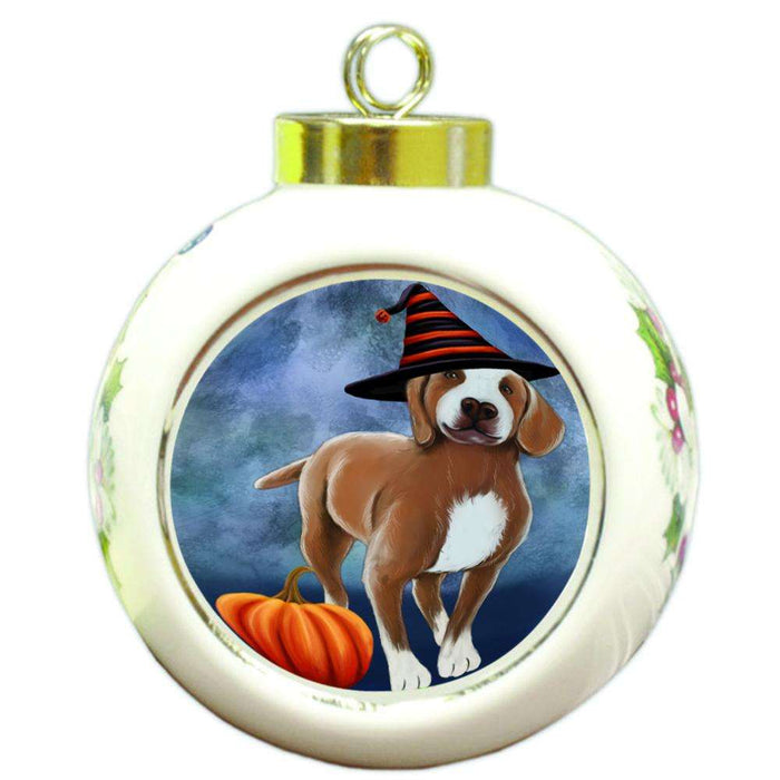 Happy Halloween Turkish Pointer Dog Wearing Witch Hat with Pumpkin Round Ball Christmas Ornament RBPOR54932