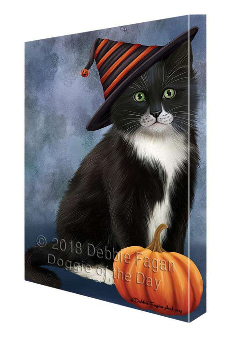 Happy Halloween Tuxedo Cat Wearing Witch Hat with Pumpkin Canvas Print Wall Art Décor CVS111734
