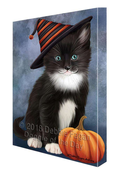 Happy Halloween Tuxedo Cat Wearing Witch Hat with Pumpkin Canvas Print Wall Art Décor CVS111743
