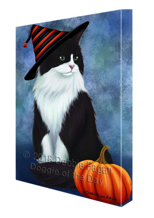 Happy Halloween Tuxedo Cat Wearing Witch Hat with Pumpkin Canvas Print Wall Art Décor CVS112247
