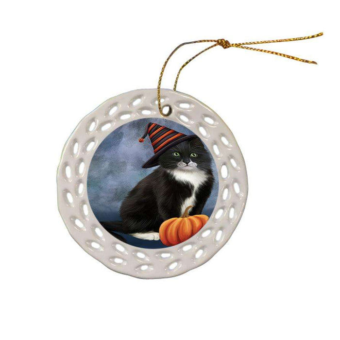 Happy Halloween Tuxedo Cat Wearing Witch Hat with Pumpkin Ceramic Doily Ornament DPOR54876