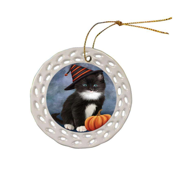 Happy Halloween Tuxedo Cat Wearing Witch Hat with Pumpkin Ceramic Doily Ornament DPOR54877