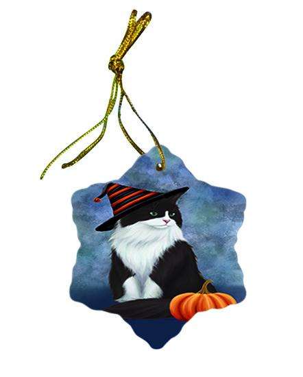 Happy Halloween Tuxedo Cat Wearing Witch Hat with Pumpkin Ceramic Doily Ornament DPOR54933