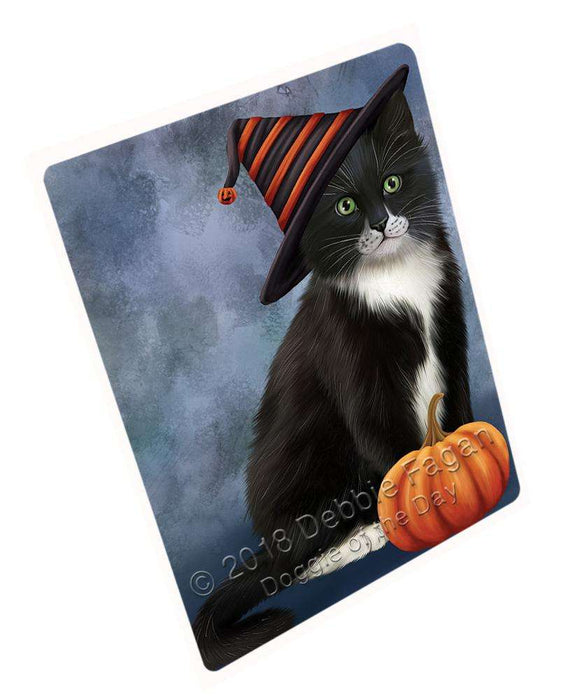 Happy Halloween Tuxedo Cat Wearing Witch Hat with Pumpkin Cutting Board C69072