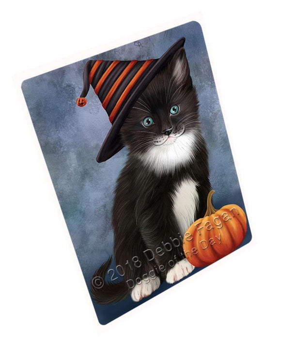 Happy Halloween Tuxedo Cat Wearing Witch Hat with Pumpkin Cutting Board C69075