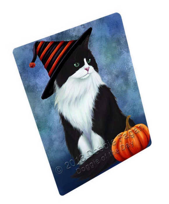 Happy Halloween Tuxedo Cat Wearing Witch Hat with Pumpkin Cutting Board C69243