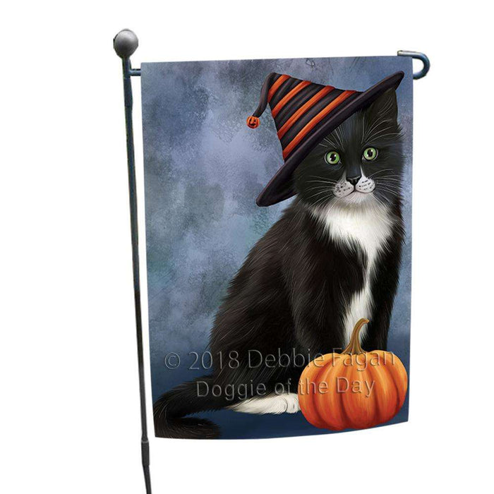 Happy Halloween Tuxedo Cat Wearing Witch Hat with Pumpkin Garden Flag GFLG54938