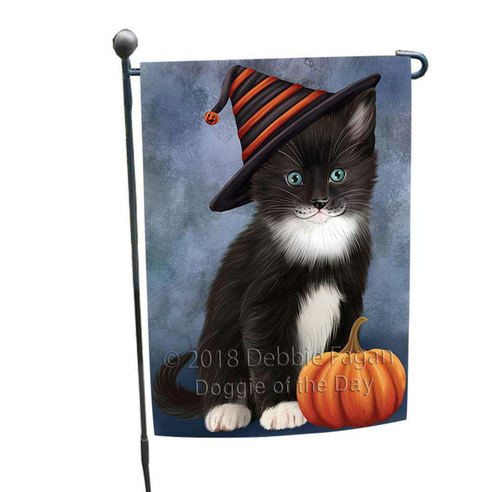 Happy Halloween Tuxedo Cat Wearing Witch Hat with Pumpkin Garden Flag GFLG54939