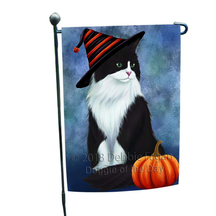 Happy Halloween Tuxedo Cat Wearing Witch Hat with Pumpkin Garden Flag GFLG54995