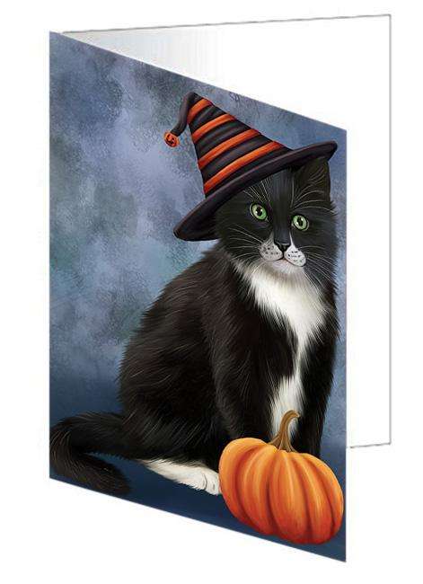 Happy Halloween Tuxedo Cat Wearing Witch Hat with Pumpkin Handmade Artwork Assorted Pets Greeting Cards and Note Cards with Envelopes for All Occasions and Holiday Seasons GCD68657