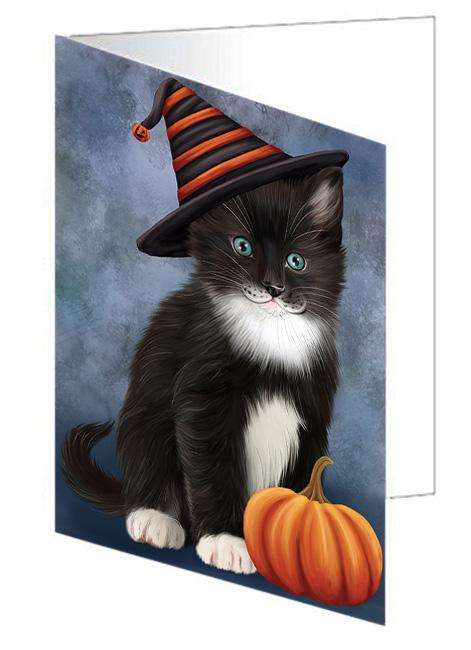 Happy Halloween Tuxedo Cat Wearing Witch Hat with Pumpkin Handmade Artwork Assorted Pets Greeting Cards and Note Cards with Envelopes for All Occasions and Holiday Seasons GCD68660