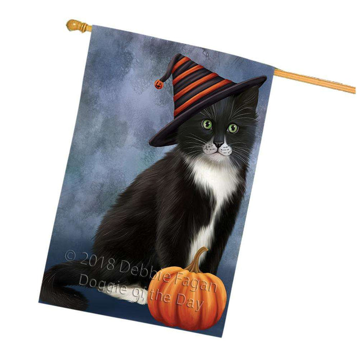 Happy Halloween Tuxedo Cat Wearing Witch Hat with Pumpkin House Flag FLG55074