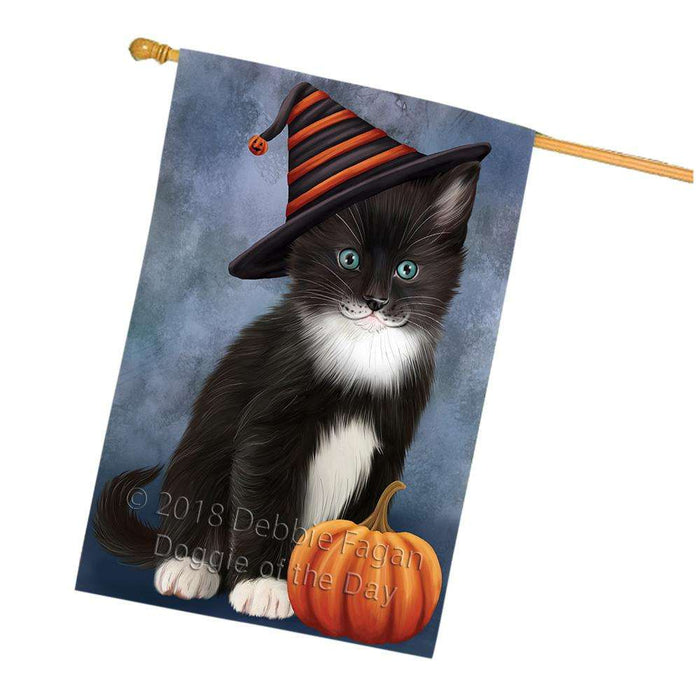 Happy Halloween Tuxedo Cat Wearing Witch Hat with Pumpkin House Flag FLG55075