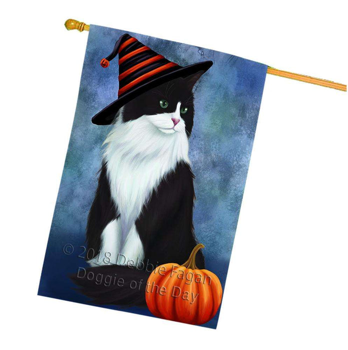 Happy Halloween Tuxedo Cat Wearing Witch Hat with Pumpkin House Flag FLG55131