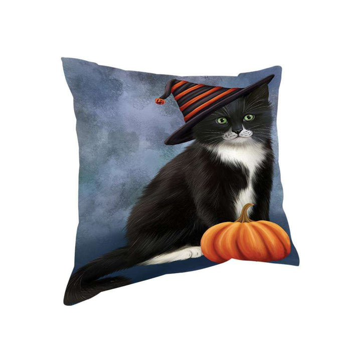 Happy Halloween Tuxedo Cat Wearing Witch Hat with Pumpkin Pillow PIL76128