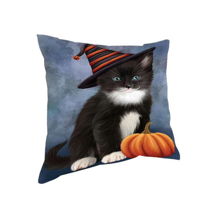 Happy Halloween Tuxedo Cat Wearing Witch Hat with Pumpkin Pillow PIL76132