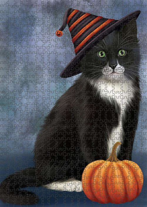Happy Halloween Tuxedo Cat Wearing Witch Hat with Pumpkin Puzzle with Photo Tin PUZL86660