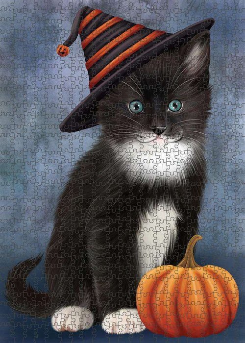 Happy Halloween Tuxedo Cat Wearing Witch Hat with Pumpkin Puzzle with Photo Tin PUZL86664