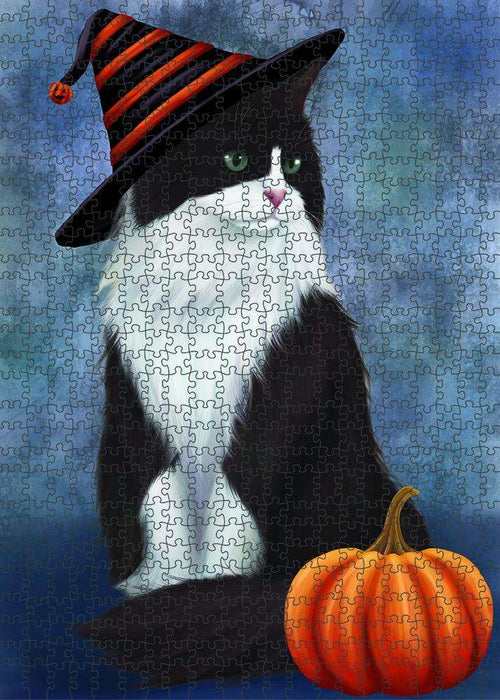 Happy Halloween Tuxedo Cat Wearing Witch Hat with Pumpkin Puzzle with Photo Tin PUZL86888