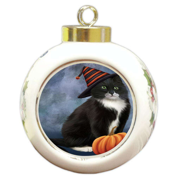 Happy Halloween Tuxedo Cat Wearing Witch Hat with Pumpkin Round Ball Christmas Ornament RBPOR54876