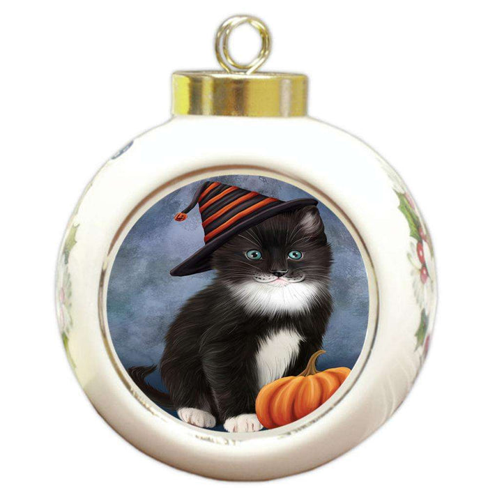 Happy Halloween Tuxedo Cat Wearing Witch Hat with Pumpkin Round Ball Christmas Ornament RBPOR54877
