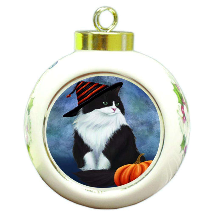 Happy Halloween Tuxedo Cat Wearing Witch Hat with Pumpkin Round Ball Christmas Ornament RBPOR54933