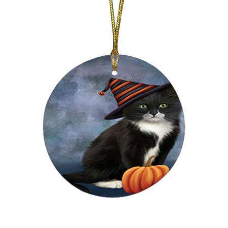Happy Halloween Tuxedo Cat Wearing Witch Hat with Pumpkin Round Flat Christmas Ornament RFPOR54867