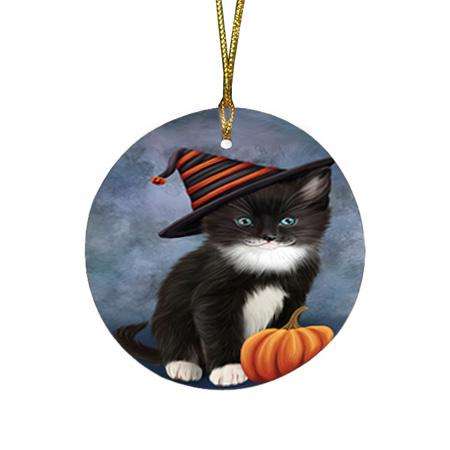 Happy Halloween Tuxedo Cat Wearing Witch Hat with Pumpkin Round Flat Christmas Ornament RFPOR54868