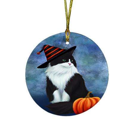 Happy Halloween Tuxedo Cat Wearing Witch Hat with Pumpkin Round Flat Christmas Ornament RFPOR54924