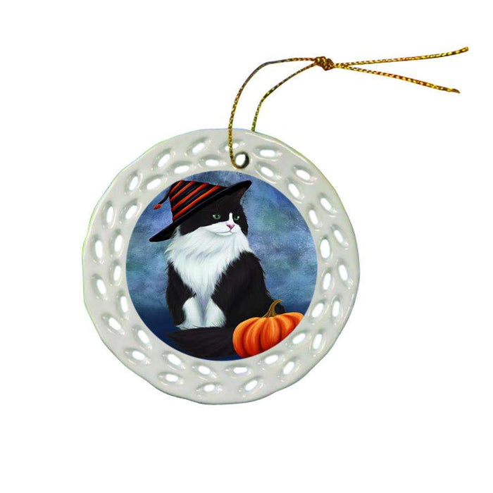 Happy Halloween Tuxedo Cat Wearing Witch Hat with Pumpkin Star Porcelain Ornament SPOR54924