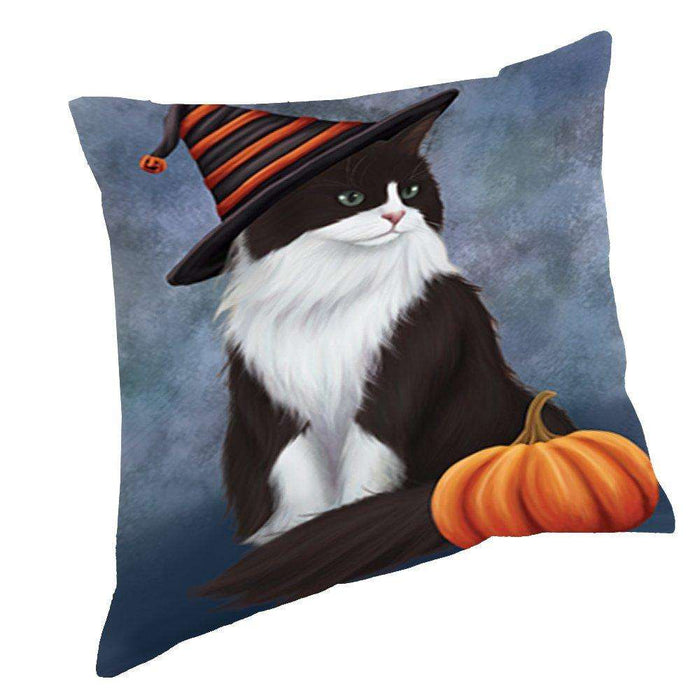 Happy Halloween Tuxedo Cat Wearing Witch Hat with Pumpkin Throw Pillow D217