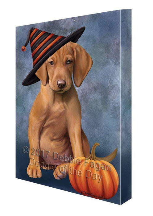 Happy Halloween Vizsla Dog Wearing Witch Hat with Pumpkin Canvas Wall Art