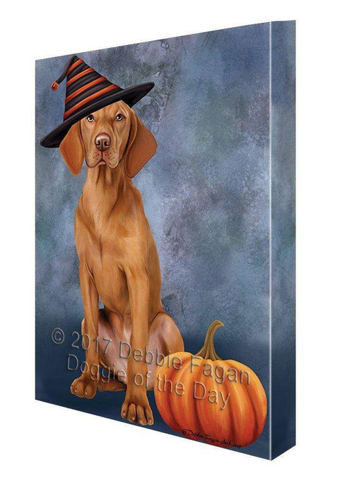 Happy Halloween Vizsla Dog Wearing Witch Hat with Pumpkin Canvas Wall Art