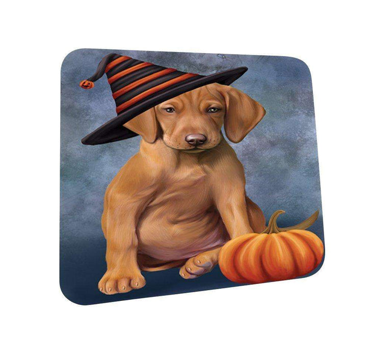 Happy Halloween Vizsla Dog Wearing Witch Hat with Pumpkin Coasters Set of 4