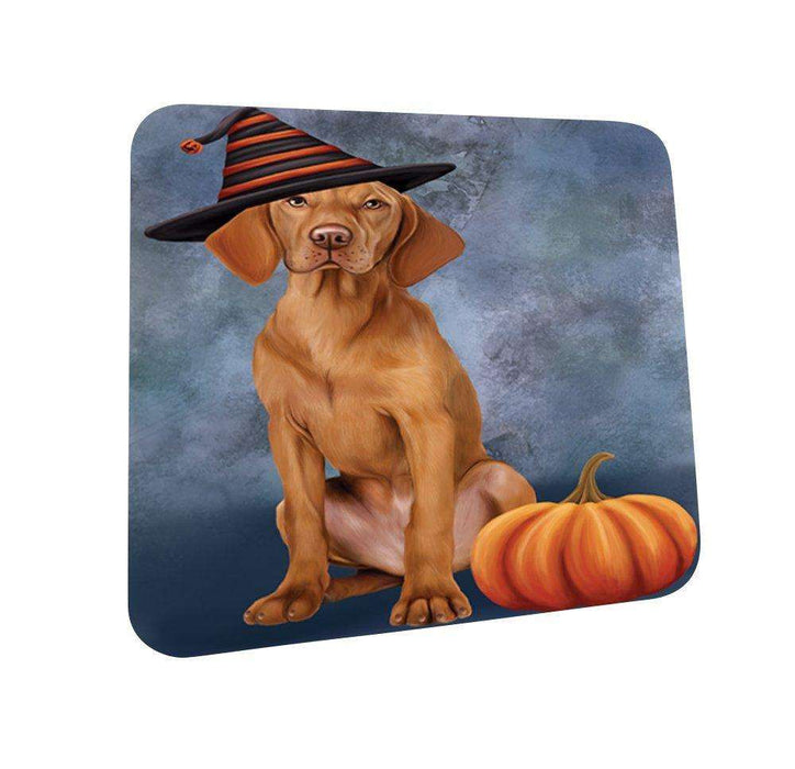 Happy Halloween Vizsla Dog Wearing Witch Hat with Pumpkin Coasters Set of 4