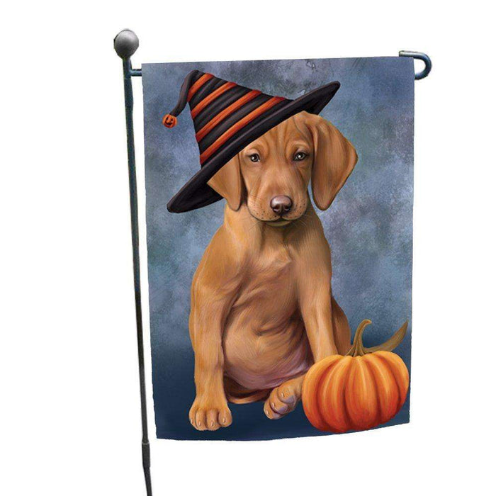 Happy Halloween Vizsla Dog Wearing Witch Hat with Pumpkin Garden Flag