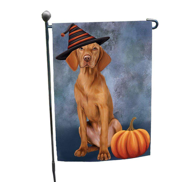 Happy Halloween Vizsla Dog Wearing Witch Hat with Pumpkin Garden Flag